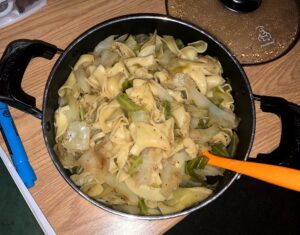 Prepared haluski in a pot